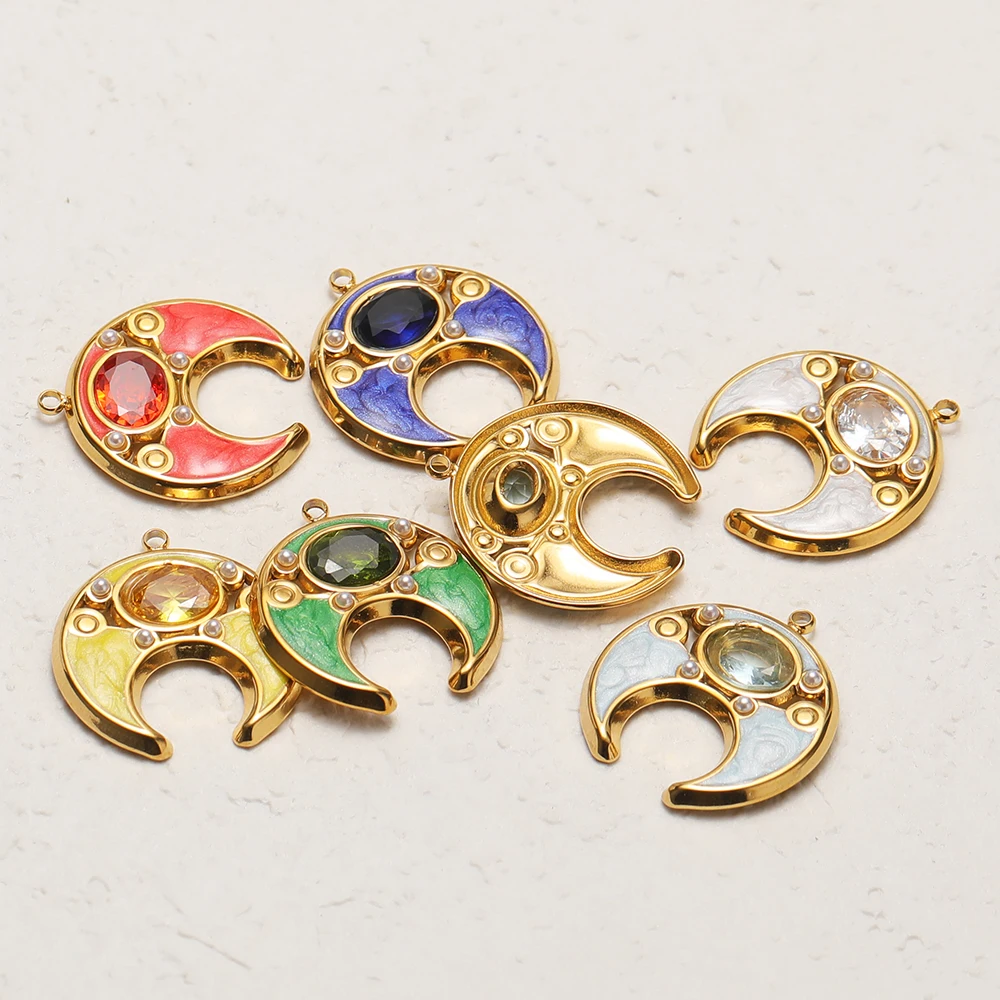 4 Stück Edelstahl-Ochsenhorn-Zirkon-Anhänger, Mond-Emaille-Halskettenanhänger, DIY-Schmuckzubehör, Zubehör für Ohrringe und Armbänder – Detail 5