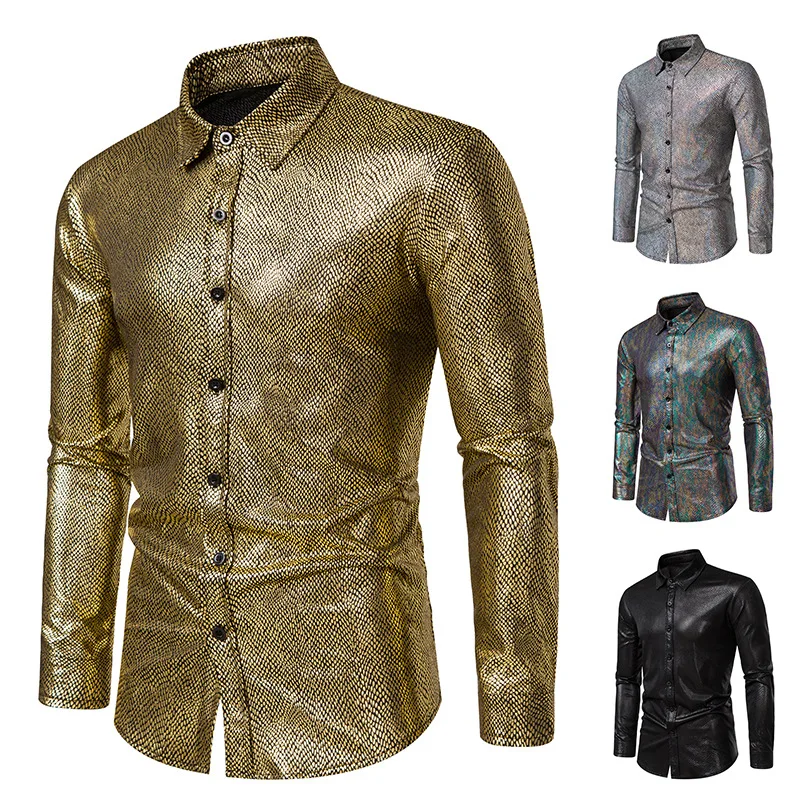 New Snakeskin Bronzing Stage Dress Banquet Fashion Men's Long-sleeved Shirt A301 Men Clothing  Shirt for Men