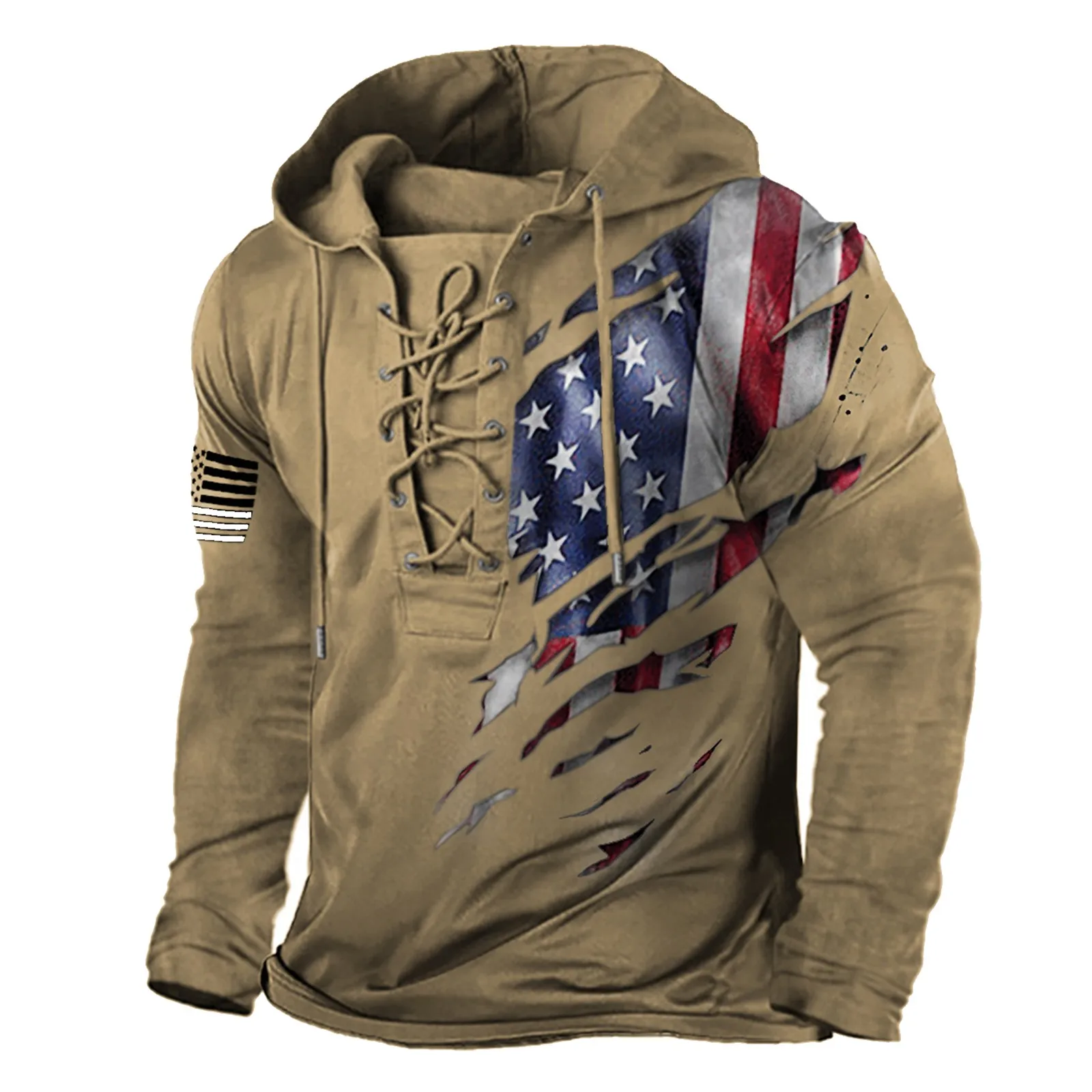 

Fitness Clothes Men T Shirt Flag Retro Print Adult Sweatshirts Lace Up Hooded Pullover Top Long Sleeve Unique Hoods Streetwear