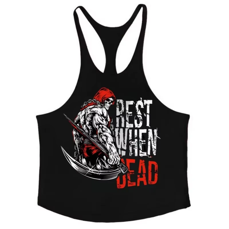 New Cotton Printed Gym Tank Top, Men's Thin Strap Racerback Vest, Breathable Sleeveless Top for Workout & Training