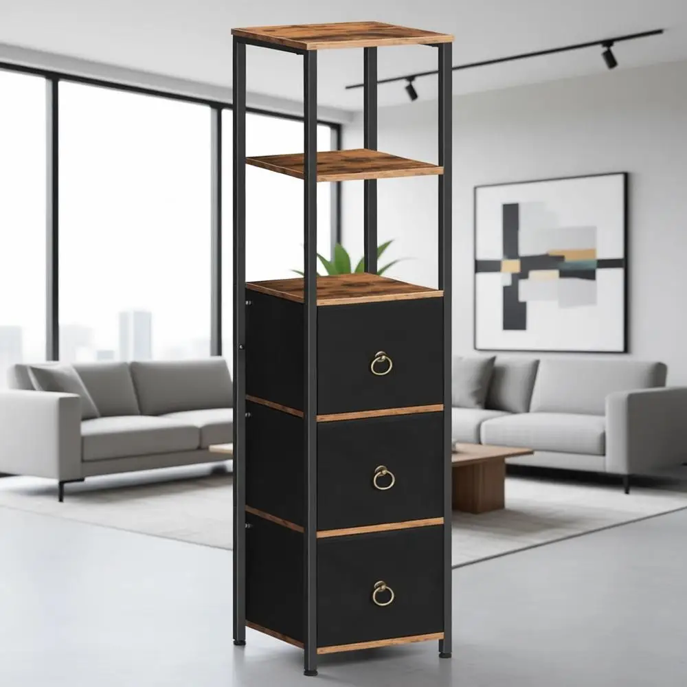 

Rustic Brown and Black 3-Tier Bathroom Storage Cabinet with Organizer Rack