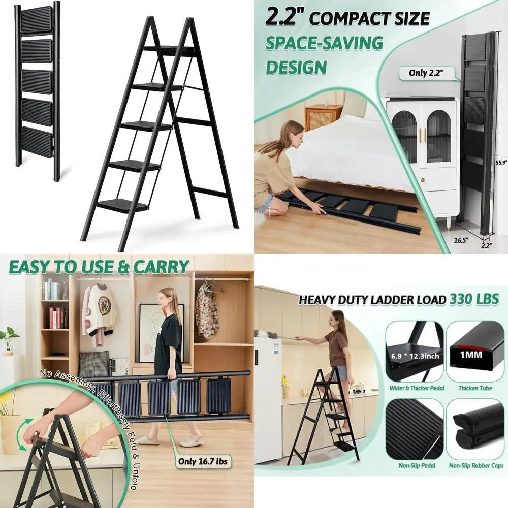 سلم قابل للطي بـ 5 خطوات شديد التحمل، سعة 330 رطل، سلم مطبخ وخزانة طويل للبالغين، للاستخدام الداخلي، سلم لسلامة المنزل