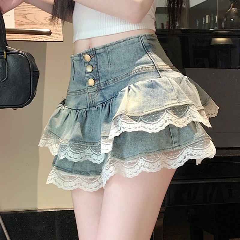 Seoulish Y2k Denim Skirt Women 2026 New Fashion High Waist Bodycon Club Party Cake Skirt Lace Patchwork Jeans Mini Skirt Women