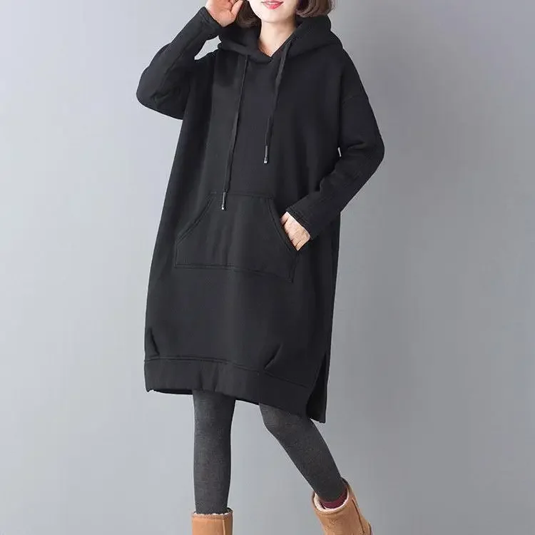 

2023 Autumn and Winter Women's Large Medium Long Plush Thickened Relaxed Comfortable Versatile Sweater Hooded Split Coat