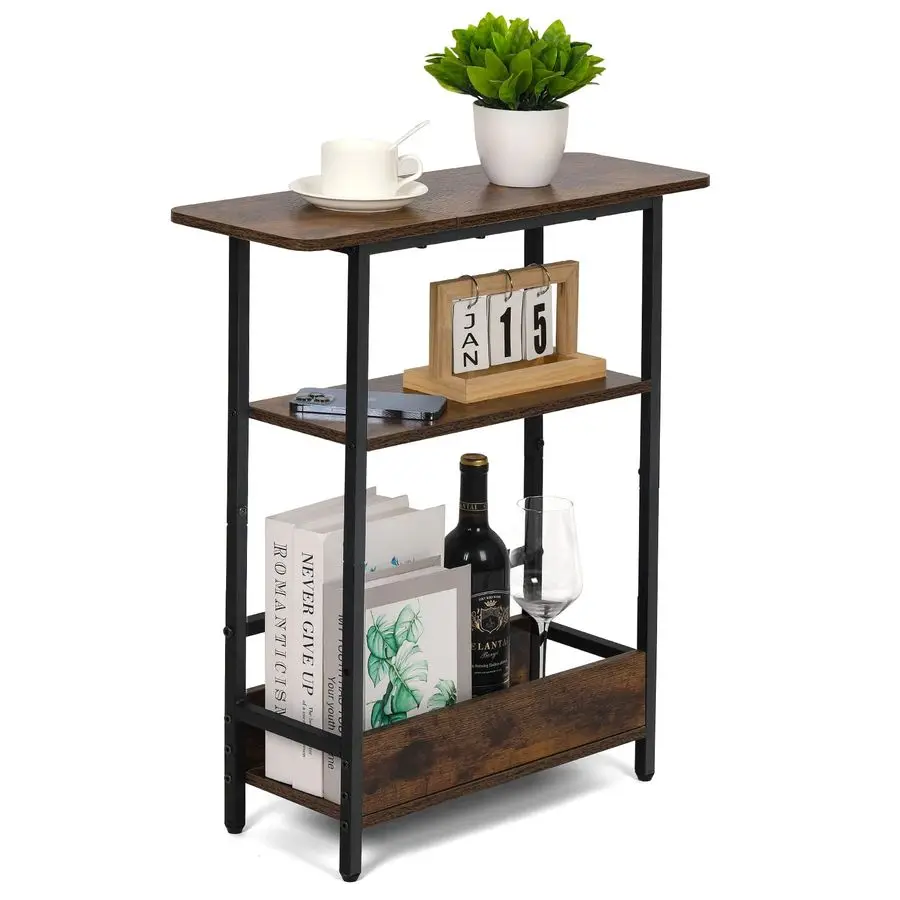 

Narrow Side Table for Small Spaces, 3Tier Small End Table with Storage Shelf and Magazine Holder, Slim and Skinny Nightstand fo
