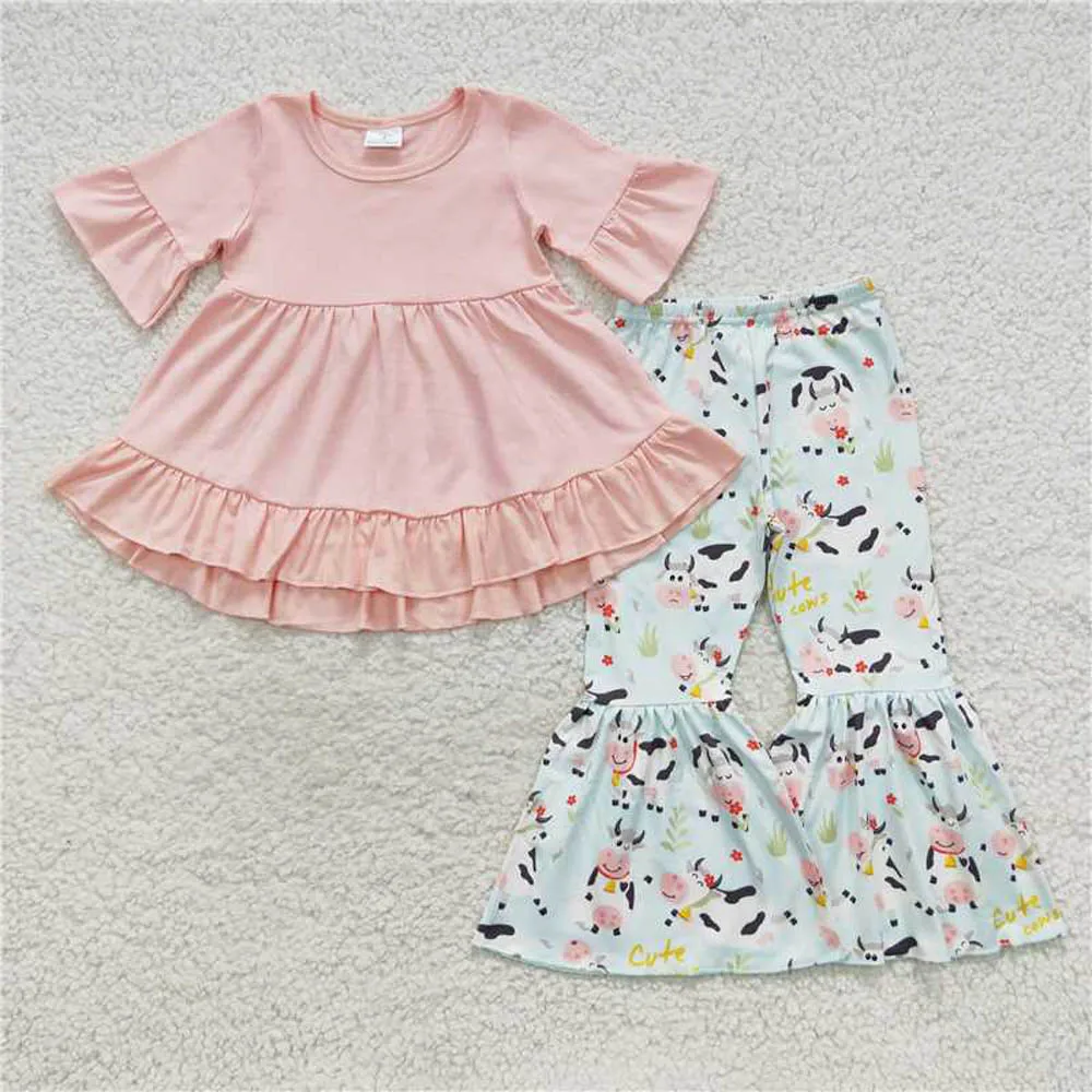 

GSPO0115 Wholesale clothes for girls Cow Pink Short Sleeve Pants Suit Summer Boutique baby girls clothes autumn sets
