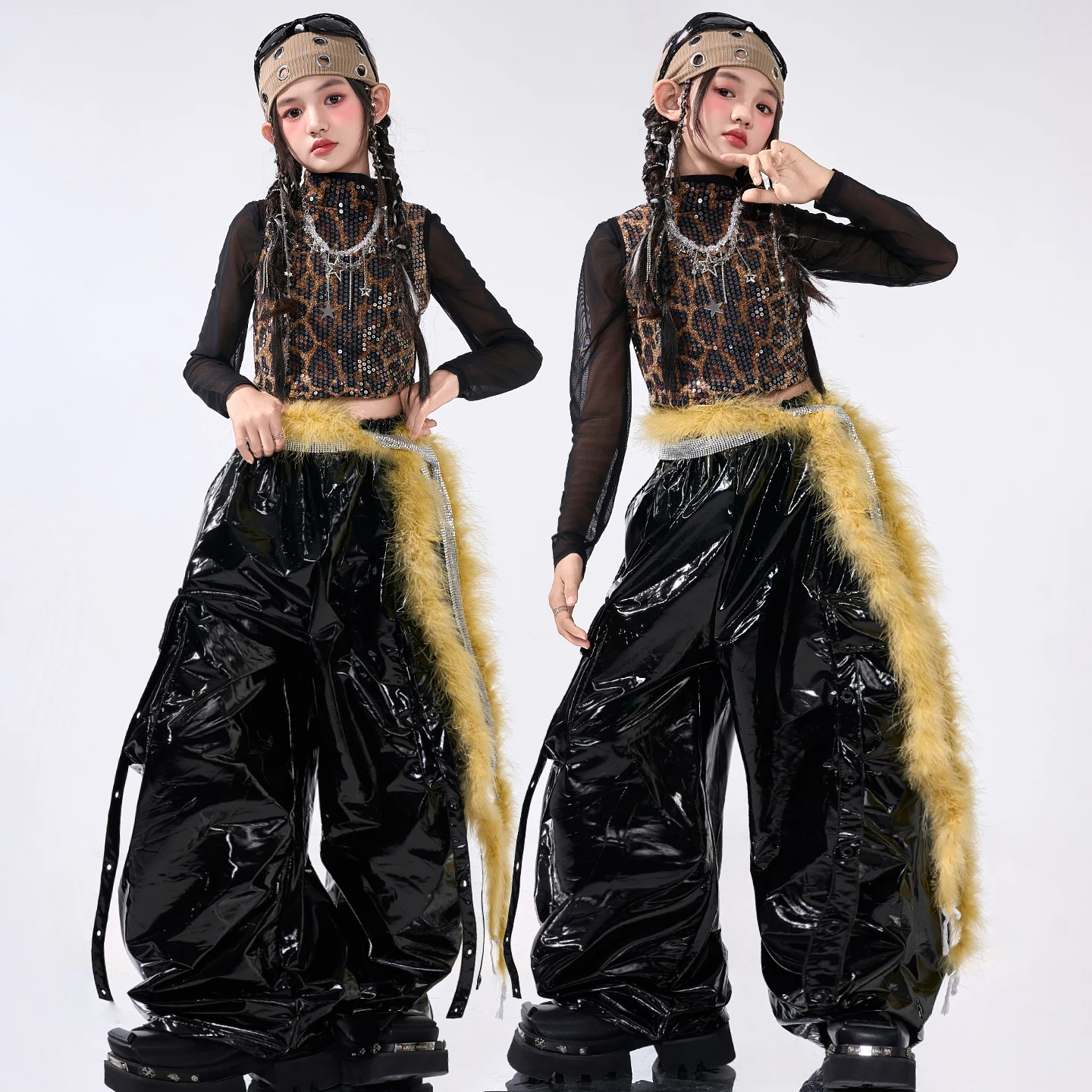 Hip Hop Ragazze Paillettes Crop Top Street Dance PU Pantaloni svasati Bambini K-pop Costumi streetwear Bambini Jazz Girl Gruppo Set di vestiti