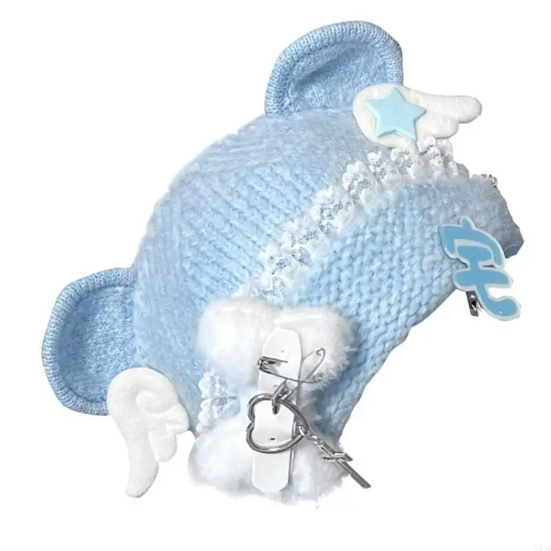 Y5JD Punk Cartoon Cartoon Hat مع أذن جميلة وعظام للرياضة في الهواء الطلق فروي بيني قبعة رأس كبيرة الحجم لفصل الشتاء #3