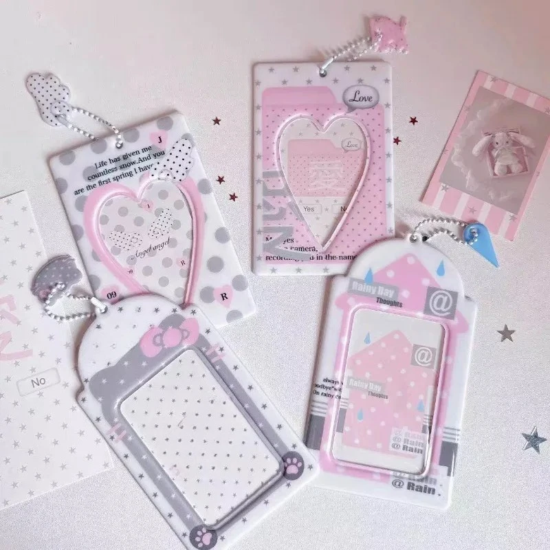 Cute Polka Dot PVC Photo Frame Heart Card Case for Inch Kpop Card School ID Bank Card Cover with Bead Chain Pendant Wholesales