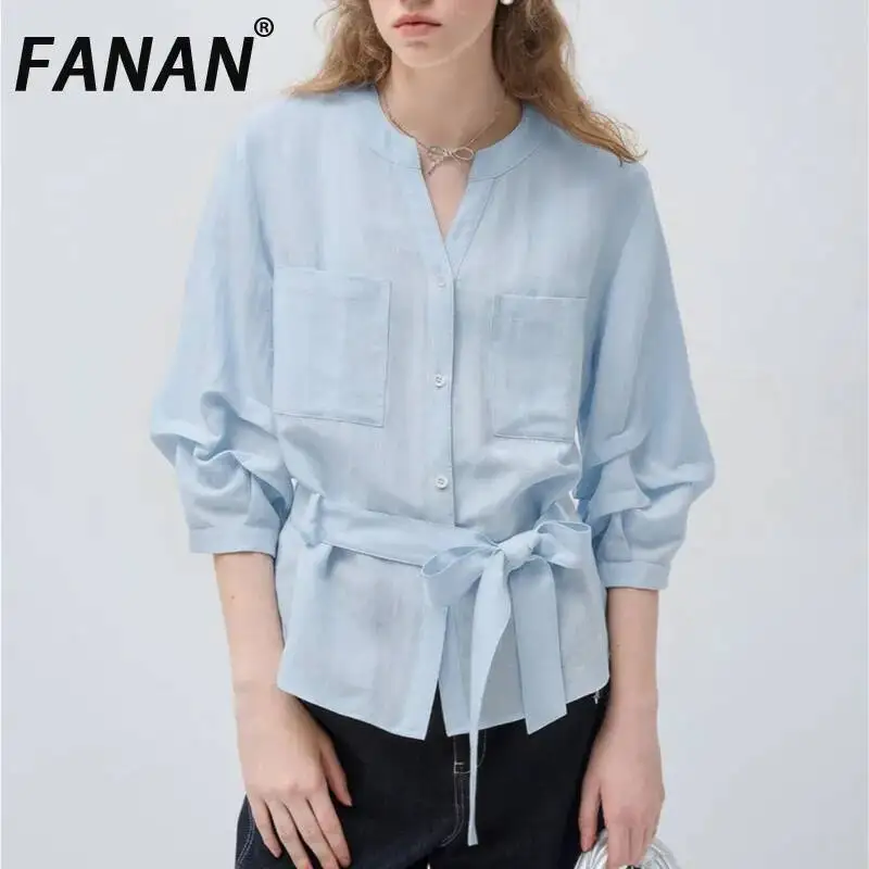 

FANAN Lace-up Design Linen Shirts For Women Round Neck Single Breasted Long Sleeve Sunscreen Blouses Female Clothing Summer New