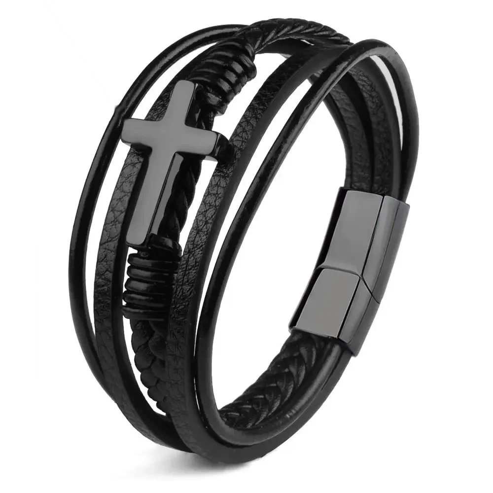 Men Bracelets Luxury Multicolor Cross Design Classic Stainless Steel Multi Layer Men Leather Bracelet 19/21/23cm Handsome Gifts