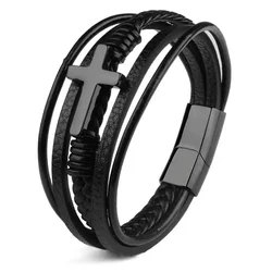 Men Bracelets Luxury Multicolor Cross Design Classic Stainless Steel Multi Layer Men Leather Bracelet 19/21/23cm Handsome Gifts