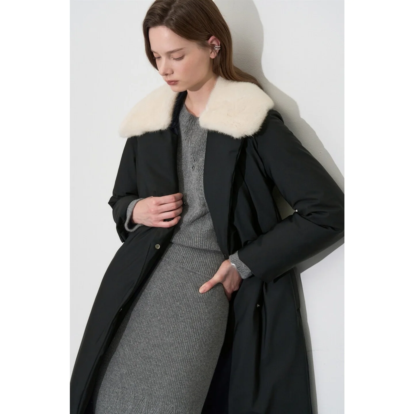 Detachable Fur Collar Windbreaker Sle Goose down Coat Stand Collar Waist Belt Commuter Versatile down Jaet Outerwear