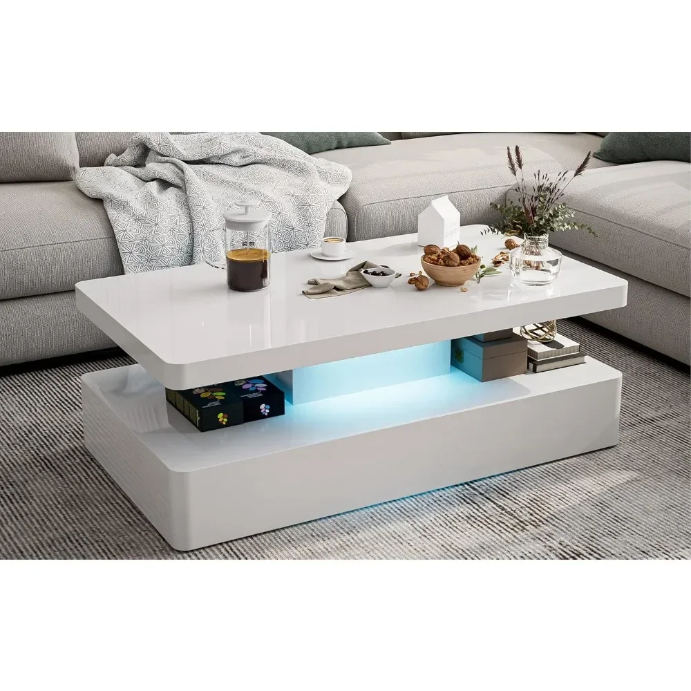 Mesa de centro LED de alto brillo, mesa de centro moderna, mesa de centro de diseño rectangular de 2 niveles con luces LED de 16 colores