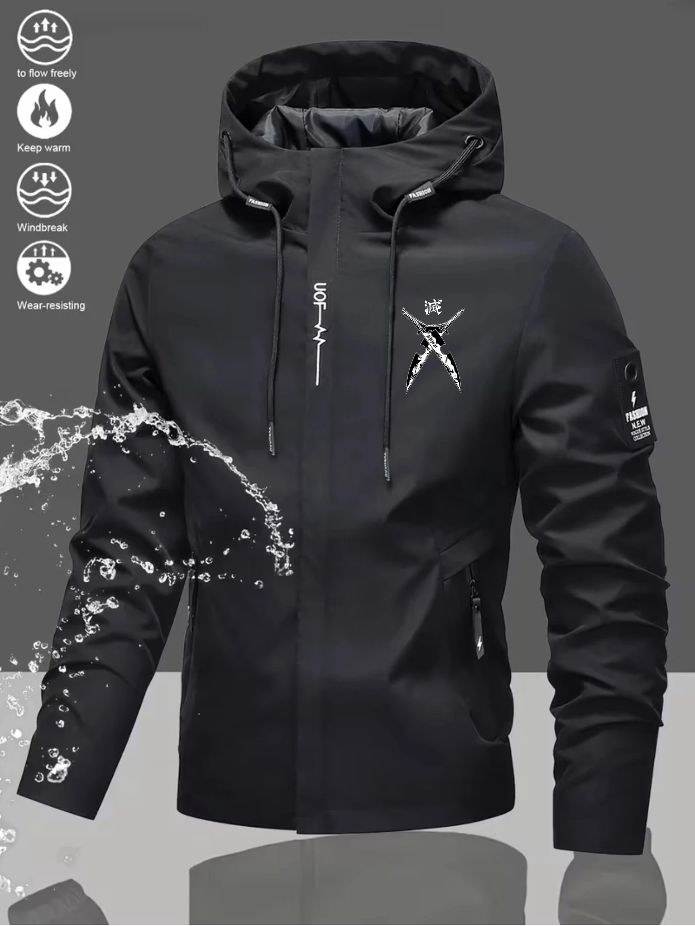 Men's casual jacket with creative double blade print, suitable for outdoor activities for couples in spring, autumn and winter.