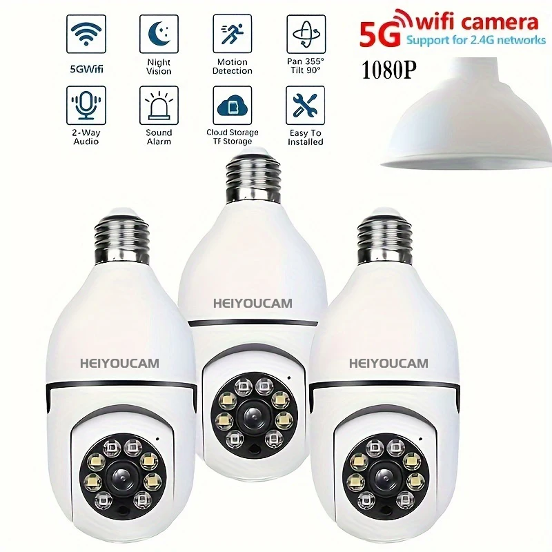 Light Bulb Security Camera 2.4G&5GHz WiFi Outdoor, 1080P E27 Light Socket Security Camera, Indoor 360° view, Color Night Vision