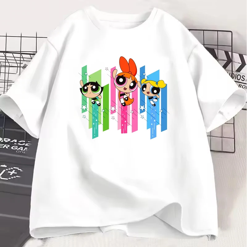

American Animation Blossom Bubbles Buttercup Pattern Neutral T-shirt Kawaii Cartoon Anime Men Women Tee Street Harajuku Clothing