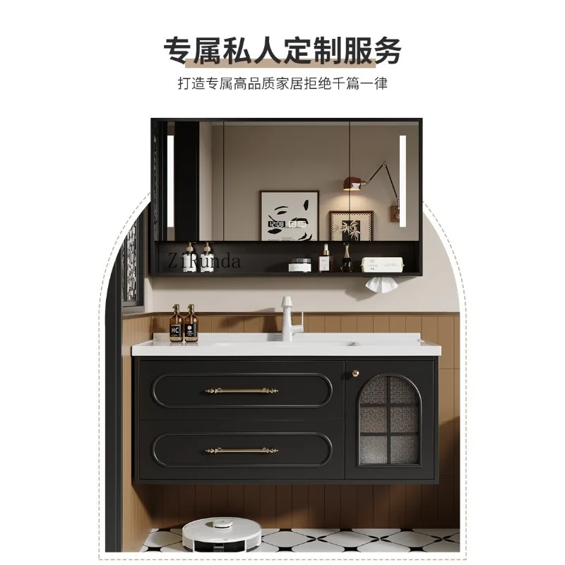 Armário de banheiro multicamadas estilo francês, combinação de armário de banheiro com bacia integrada de cerâmica