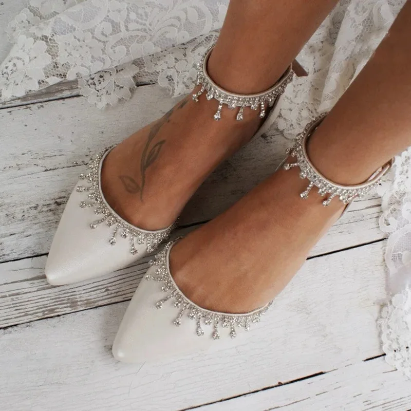 Flat Shoes Fringed Rhinestone Sexy Wedding Shoes European and American Hollow One-word Belt Women's Shoes