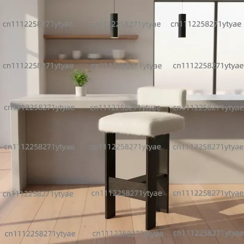 Arc backrest ash wood frame dining chair, with teddy fabric cushion, simple and elegant, high chair backrest bar stool