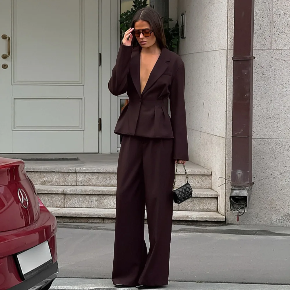 TWOTWINSTYLE Solid Office Suit for Women Deep V Neck Long Sleeve Spliced Single Button Blazer Wide Trousers Two Piece Set Female