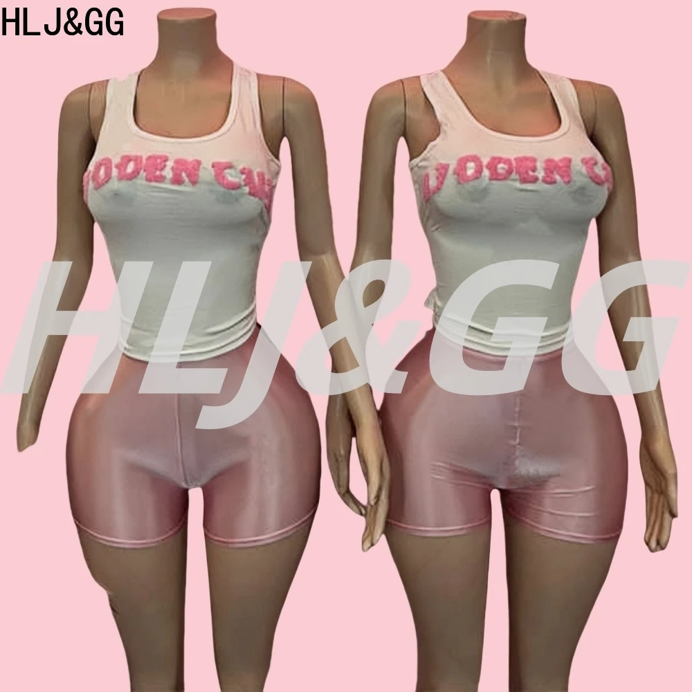 

HLJ&GG Y2K Fashion Embroidery Letter Tank Top Two Piece Sets Women O Neck Sleeve Crop Vest And Shorts Outfits Summer Streetwear