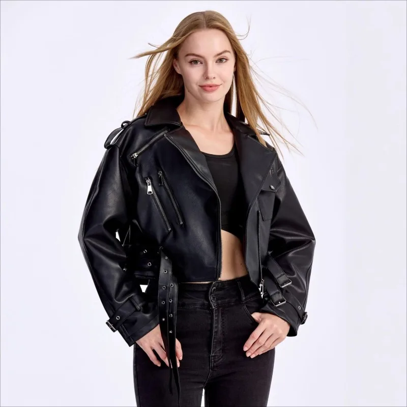Chaqueta de cuero PU suave para mujer, chaqueta Bomber de cuero PU de ajuste Regular, abrigos cortos de motociclista para motocicleta, prendas de vestir exteriores para mujer de carreras para primavera y otoño