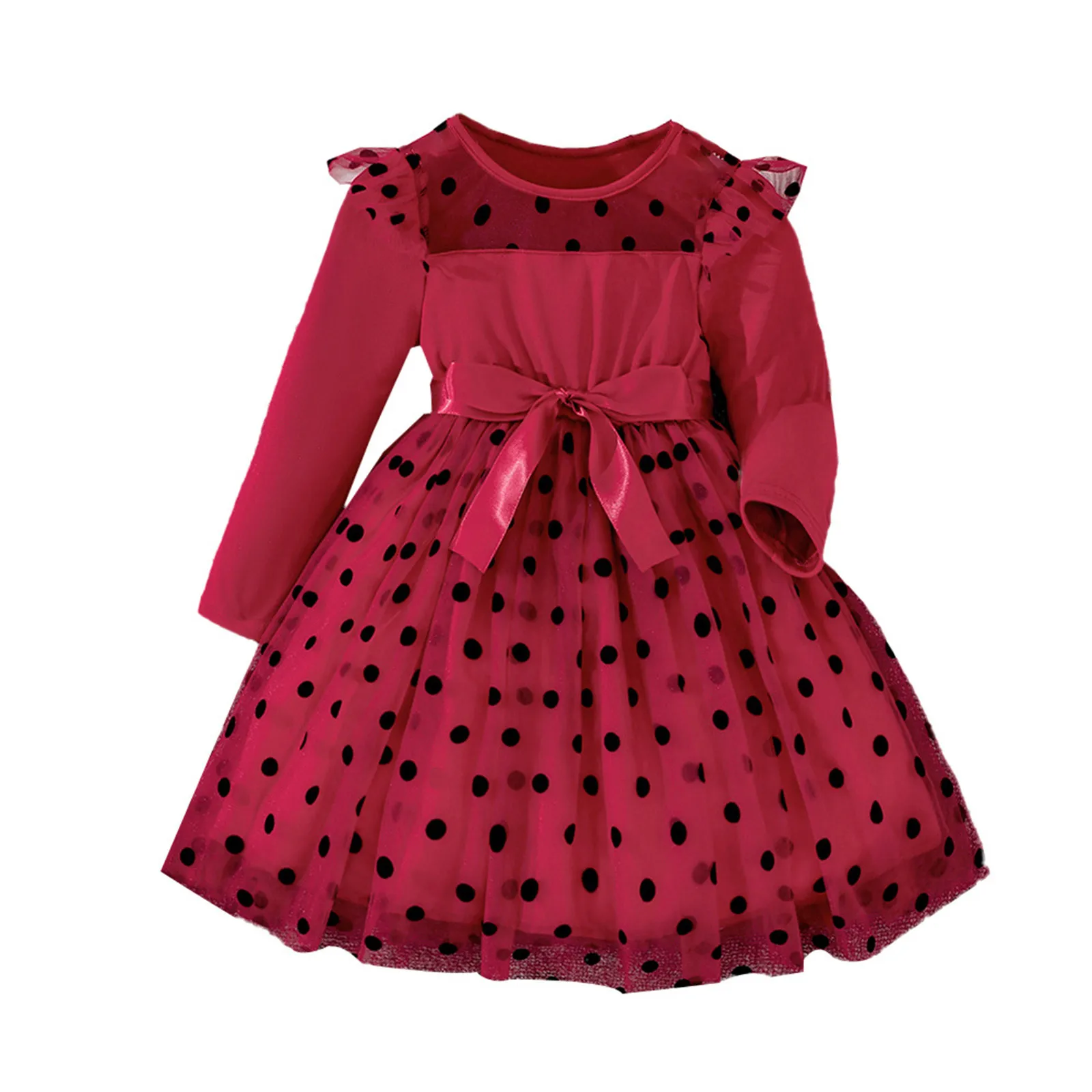 2023 Girl Long Sleeve Dress Spring Mesh Dots Print Bow Princess Party Dress Kid Clothes Toddler Girl Christmas Performance Dress