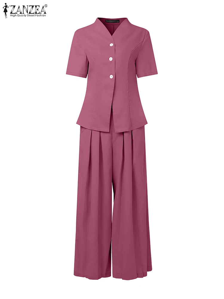 

ZANZEA Elegant Outfits Women Short Sleeve Shirts Long Pleated Pants Sets Elegant OL Work Trouser Suits 2025 Casual Matching Sets
