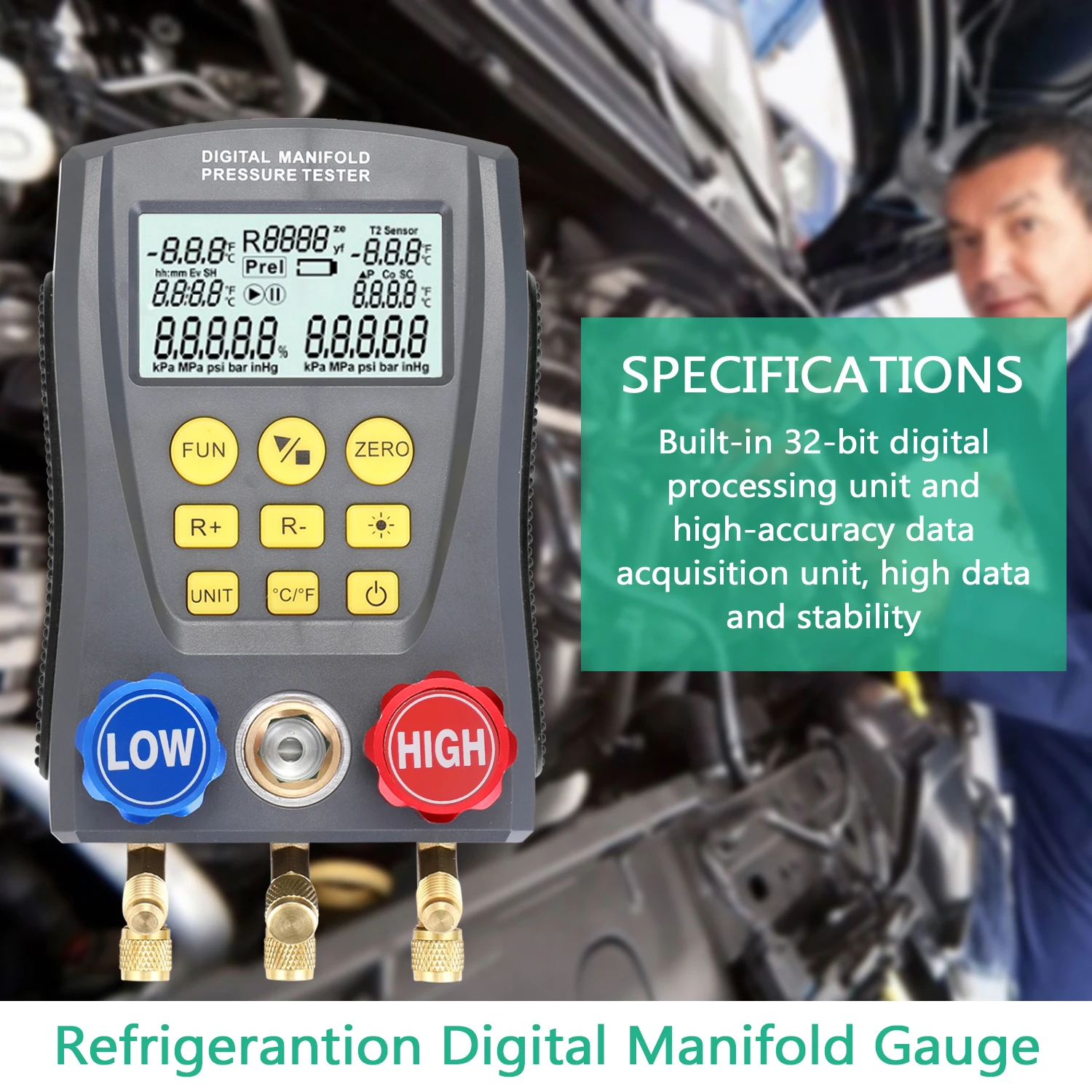 WZ-0031 Digital Pressure Gauge Valves Tool Kit 0-6000Kpa Refrigeration Vacuum Pressure Manifold Tester HVAC Temperature Tester