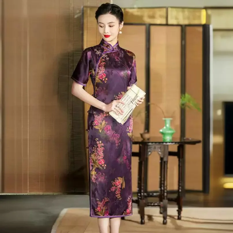 High Quality High-End Handmade Gambiered Guangdong Silk Cheongsam Qipao Retro Improved National Style Real Dress Long