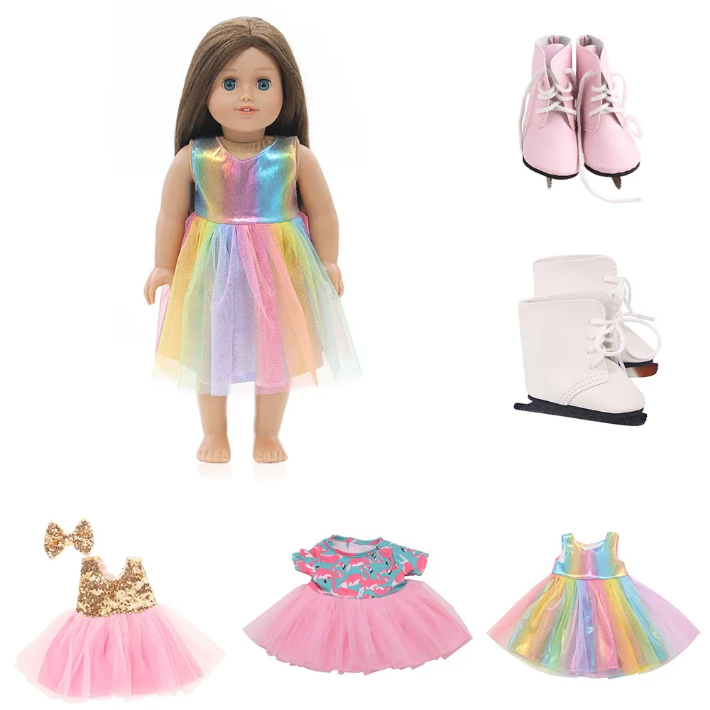 

Sequin Dress Doll Skirt for 18 Inch American Doll Baby New Born Party Reunion Skating Shoes Clothes Set