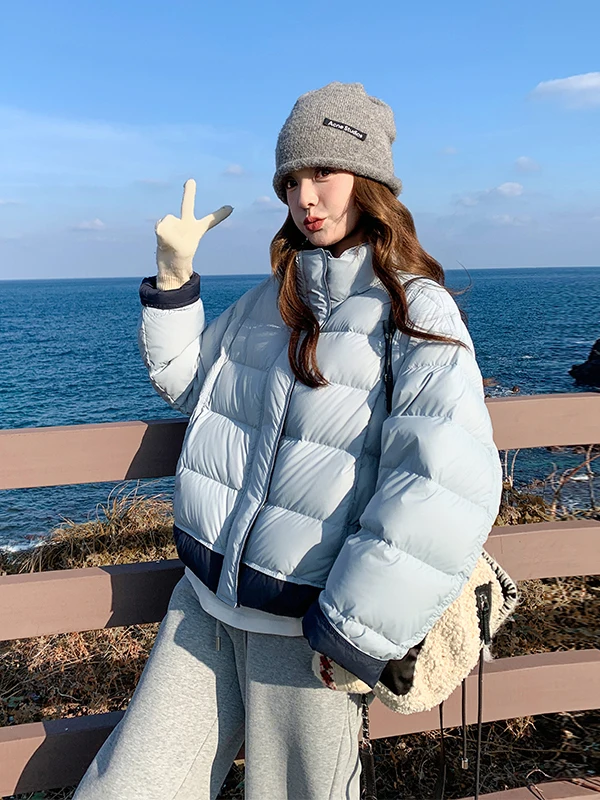 

Color Blo Blue Stand Collar ort Thiened Bread down Jaet Women's Winter Faion Korean Sle Warm Outerwear Coat