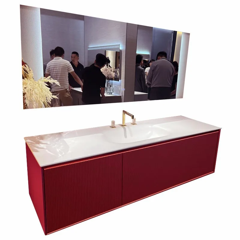 

Italian Minimalist Bathroom Cabinet Combination Solid Wood Oak Skin Acrylic Cream Wind Kerneli Integrated Basin Washing Table