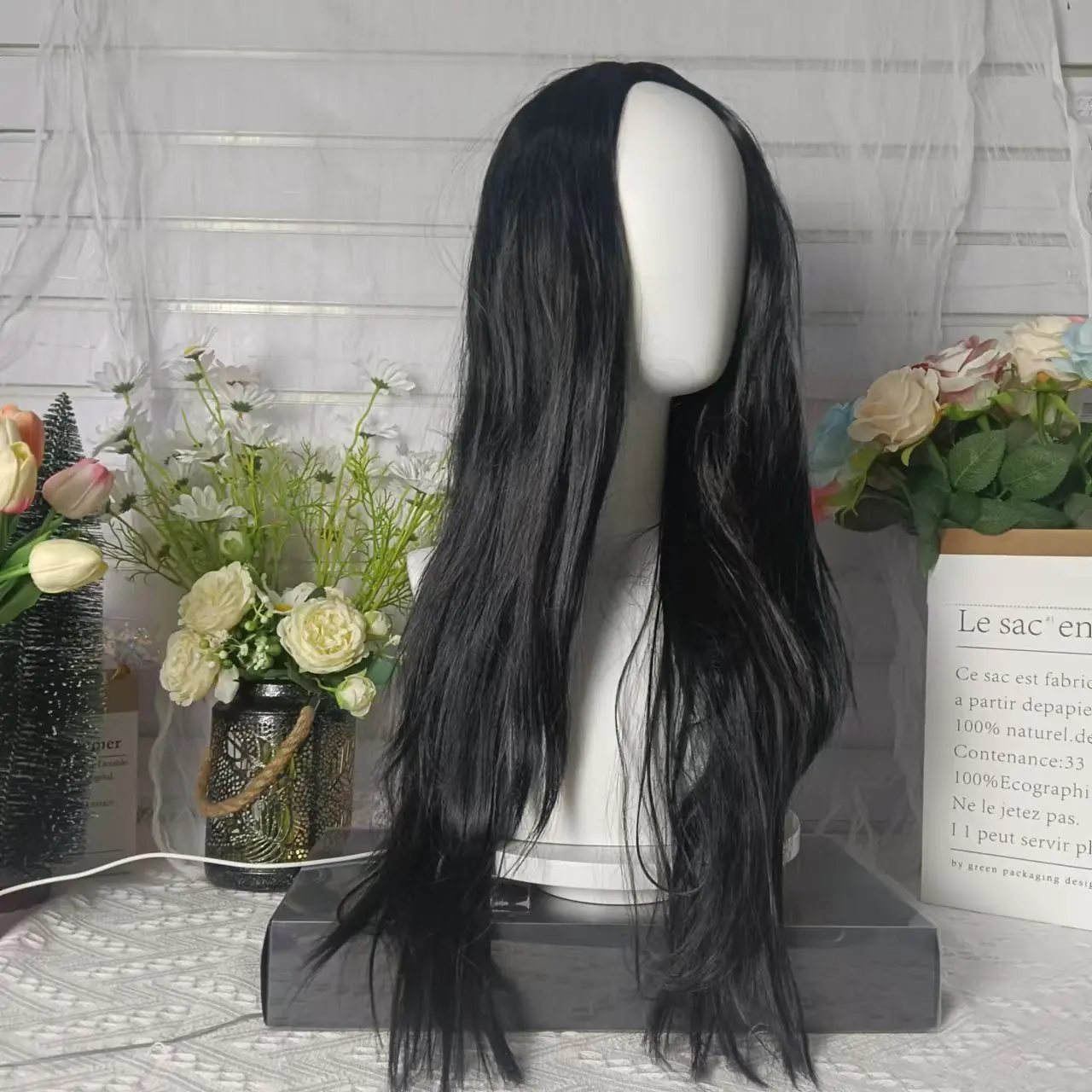 

High temperature silk wig for women, natural full head cover, full top long hair, fashionable black, long straight, mid split lo