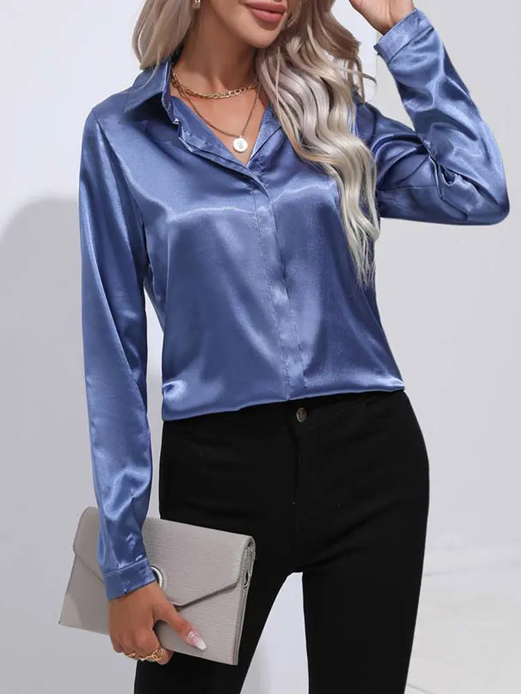 

Autumn Women Casual Blouses Elegant V-Neck Long Sleeve Loose Solid Vintage Top Button Up Shirt Single Breasted Shirts