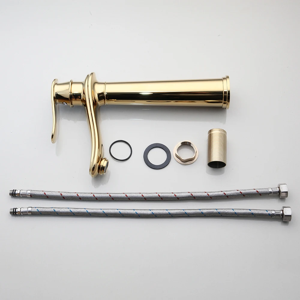 YANKSAMRT Modern Luxury Gold Plated Long Solid Brass Bathroom Basin Sink Faucets Golden Polished Deck Mounted Faucet Mixer Tap