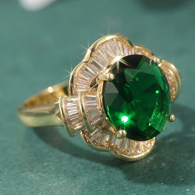 Ästhetischer, mit grün-weißem CZ-Stein besetzter Damenring, wunderschöne goldfarbene Geometrie, für den täglichen Gebrauch, Partyschmuck, Jubiläumsgeschenk – Detail 4