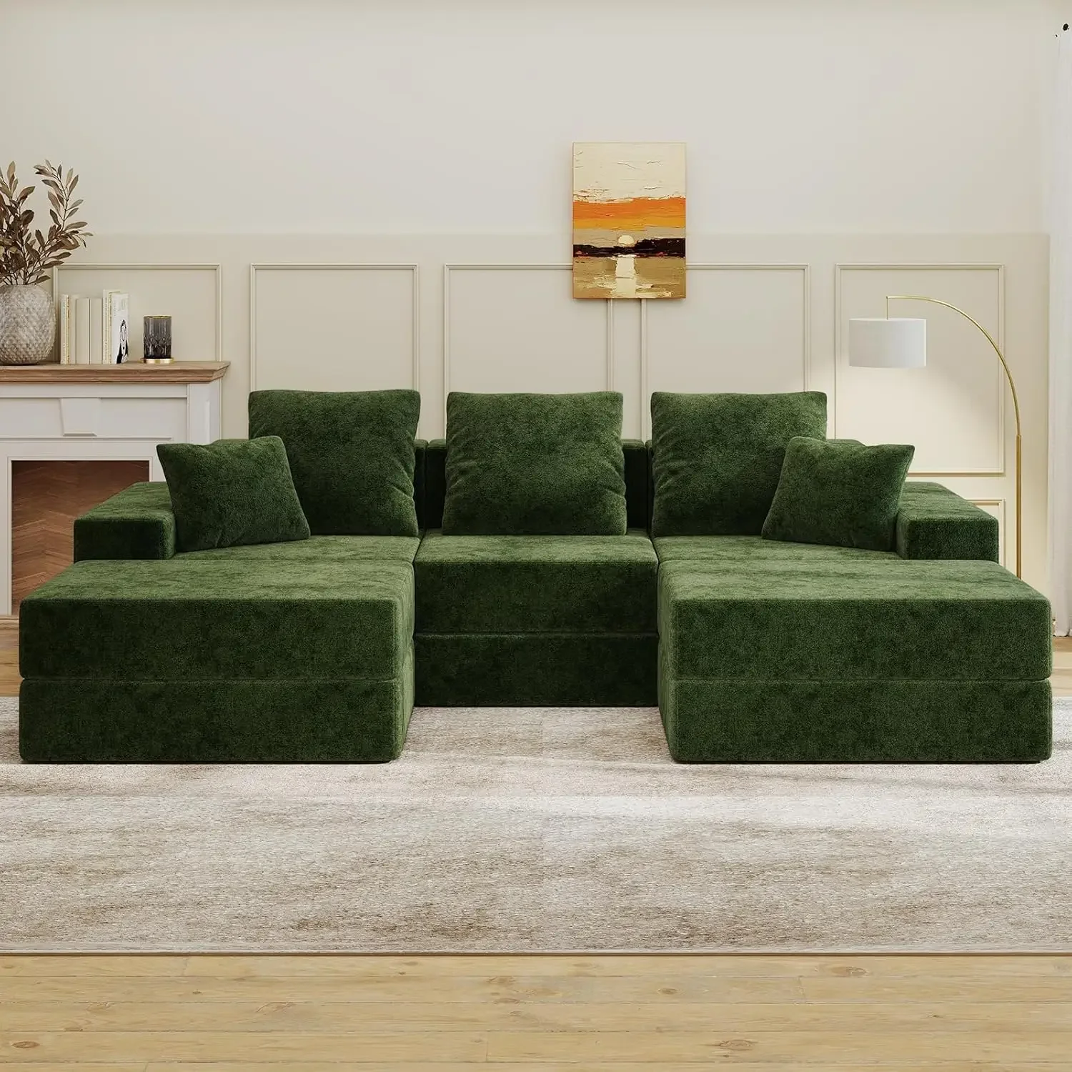 Green U Shaped Cloud Sectional Couch Living Room Boneless Sofa No Assembly Reversible Chaise Customizable 3 Seat Modular Ottoman