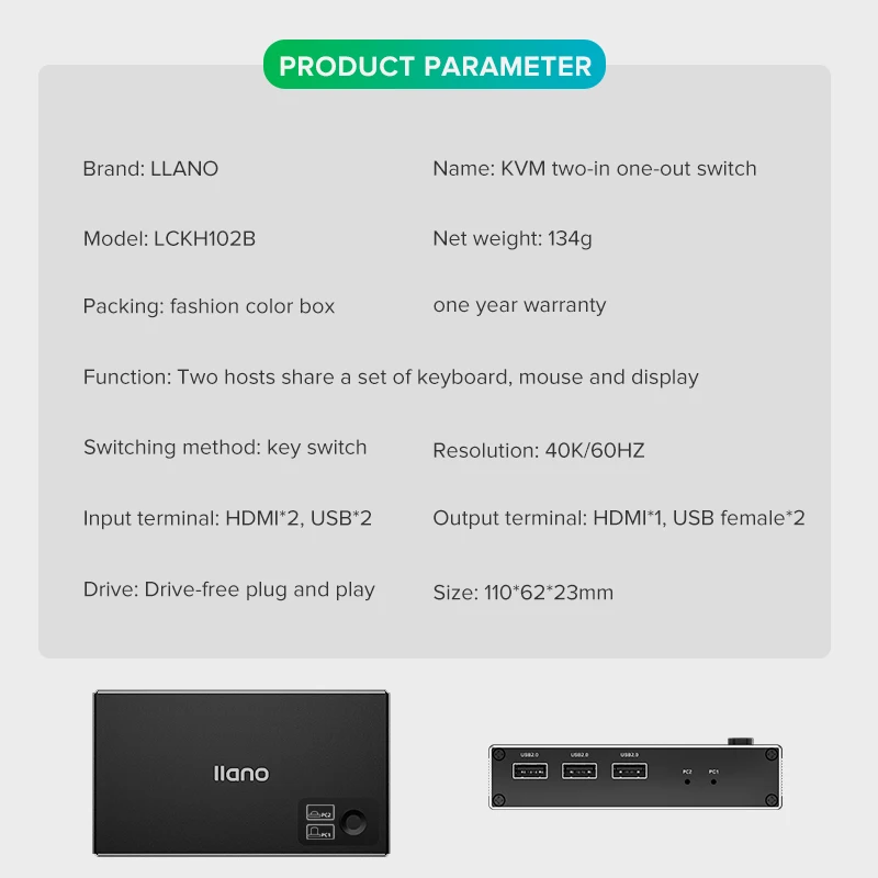 Llano HDMI 2.0 KVM 스플리터 화면 디스플레이 스위처, 2 in 1 출력 스위치, USB 어댑터 변환, 40K, 60Hz