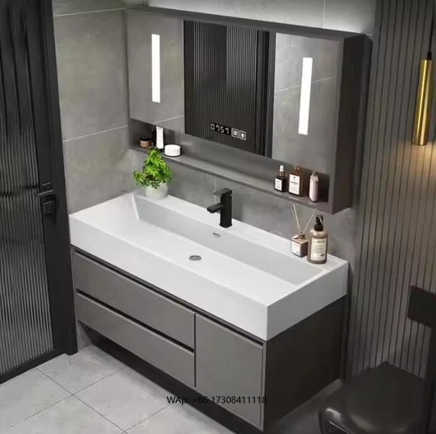 Vanità da bagno in stile moderno, doccia e mobiletto per lavare le mani