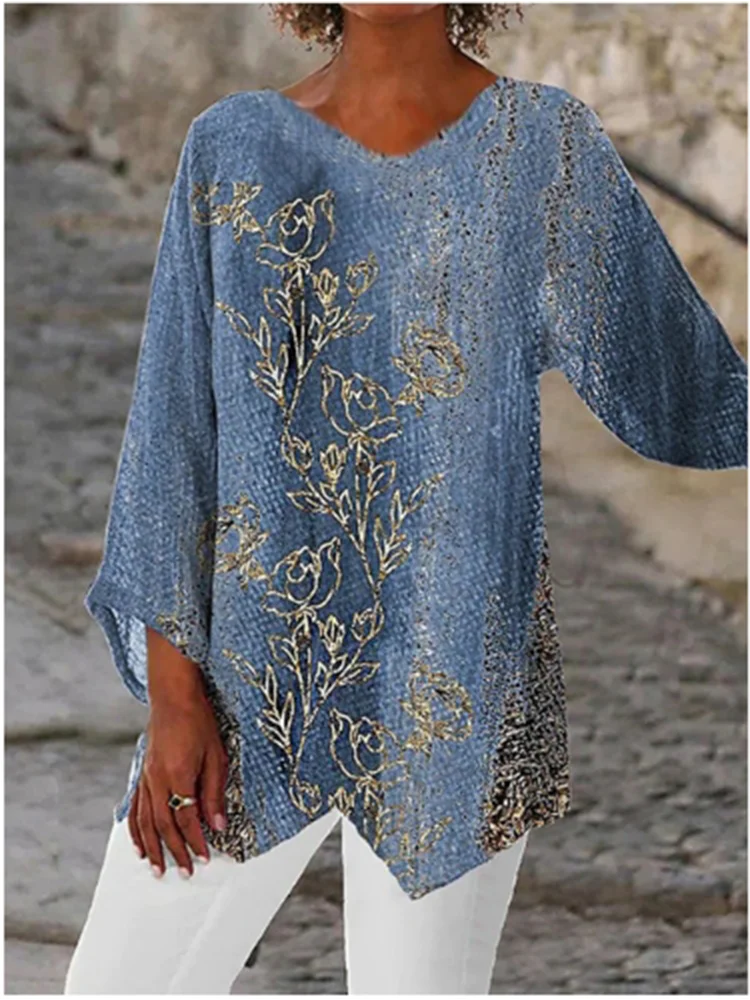 

Autumn New V-neck Long Sleeved Irregular Printed T-shirt Fashionable Street Dating Elegant Women's Top