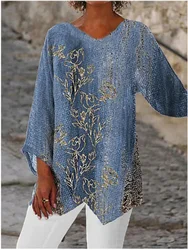 Autumn New V-neck Long Sleeved Irregular Printed T-shirt Fashionable Street Dating Elegant Women's Top
