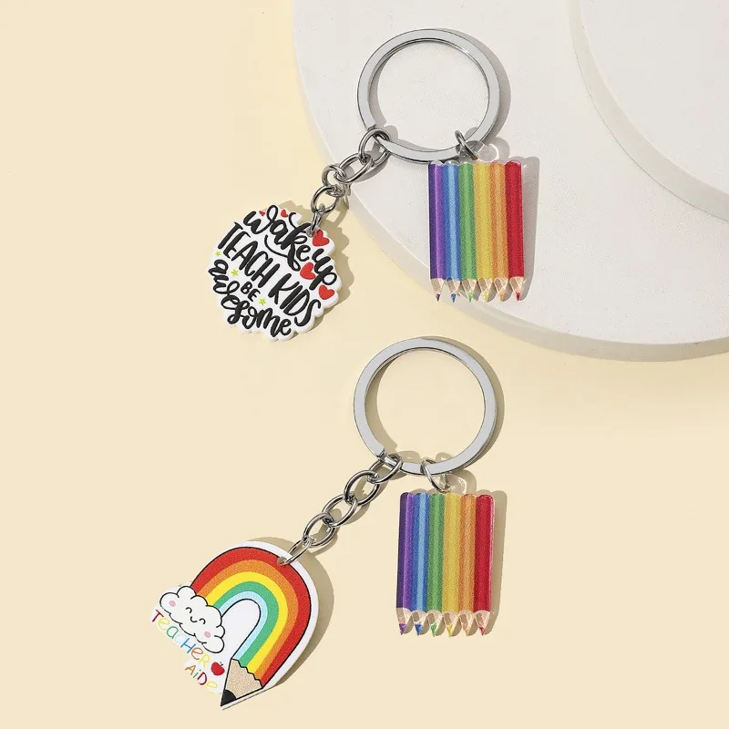 1pcs Creative Cute Rainbow Pencil Brand Keychain Graduation English Letter Pendant Decoration Keyrings Gifts for Teachers