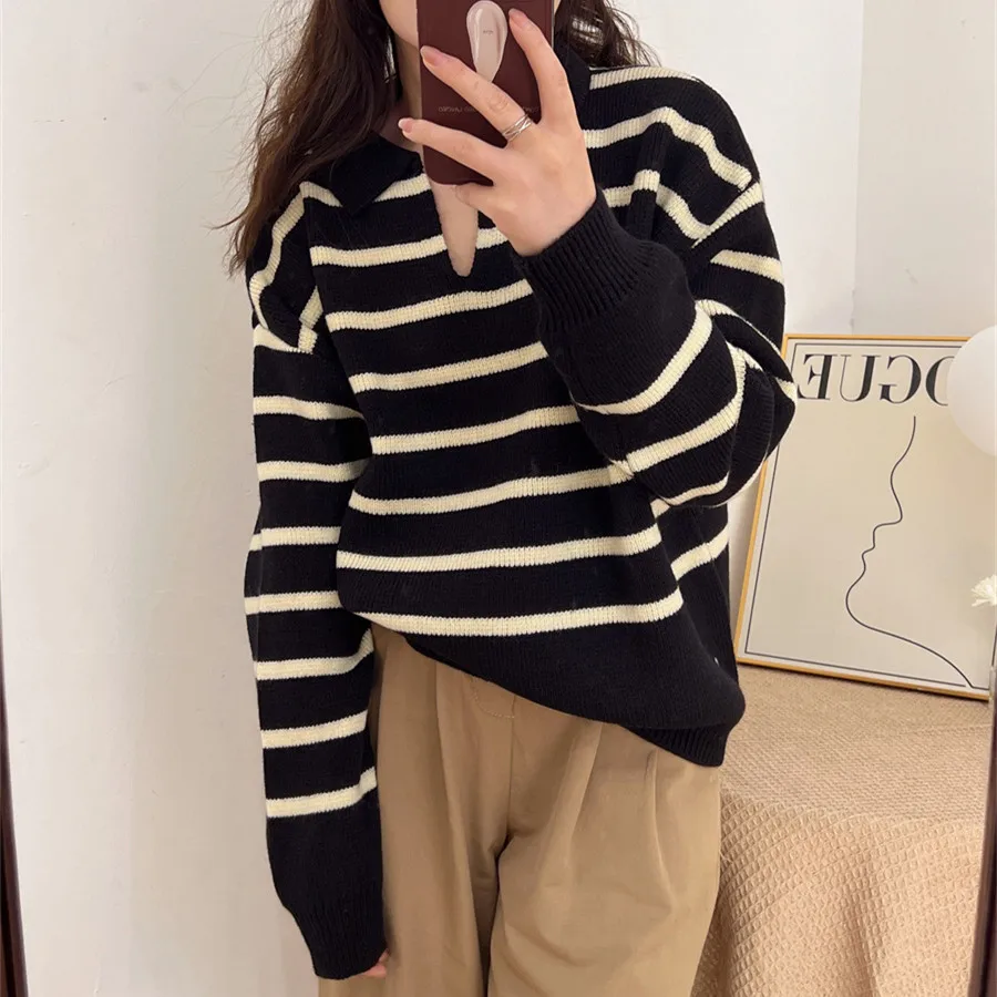 

Chic Spring Autumn Anti-Aging Lazy Sle Loose Versatile Collar Color Blo Striped Knitwear Top Women's V-ne Long Sve