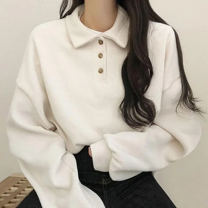 

Button T Shirt Korean Style Crop Top Women Autumn Solid Long Sleeve Tees Fashion Tshirts Femme Y2k Loose Polo Kawaii Sweatshirts