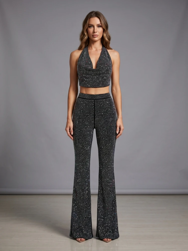 Women Diamonds Pants Two Piece Set Sexy Halter Neck Backless Rhinestones Top +Legs  Pants Suits Evening Cocktail Set