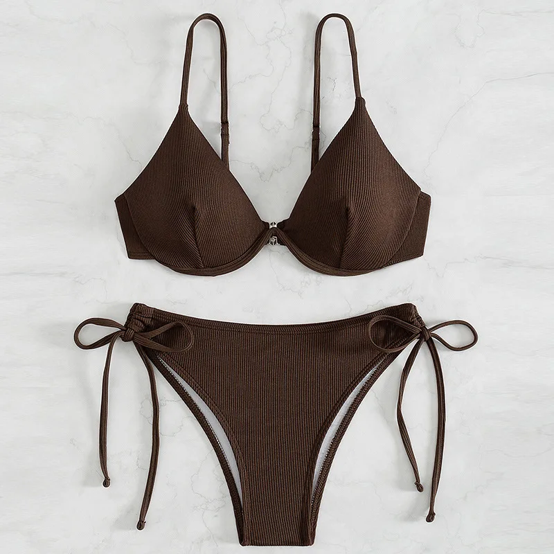 Steel Tray Sexy Gather Backless Swimsuit Solid Color Lace-up Bikini Women  بيكينيات Swimwear Tankini Swimsuits Women