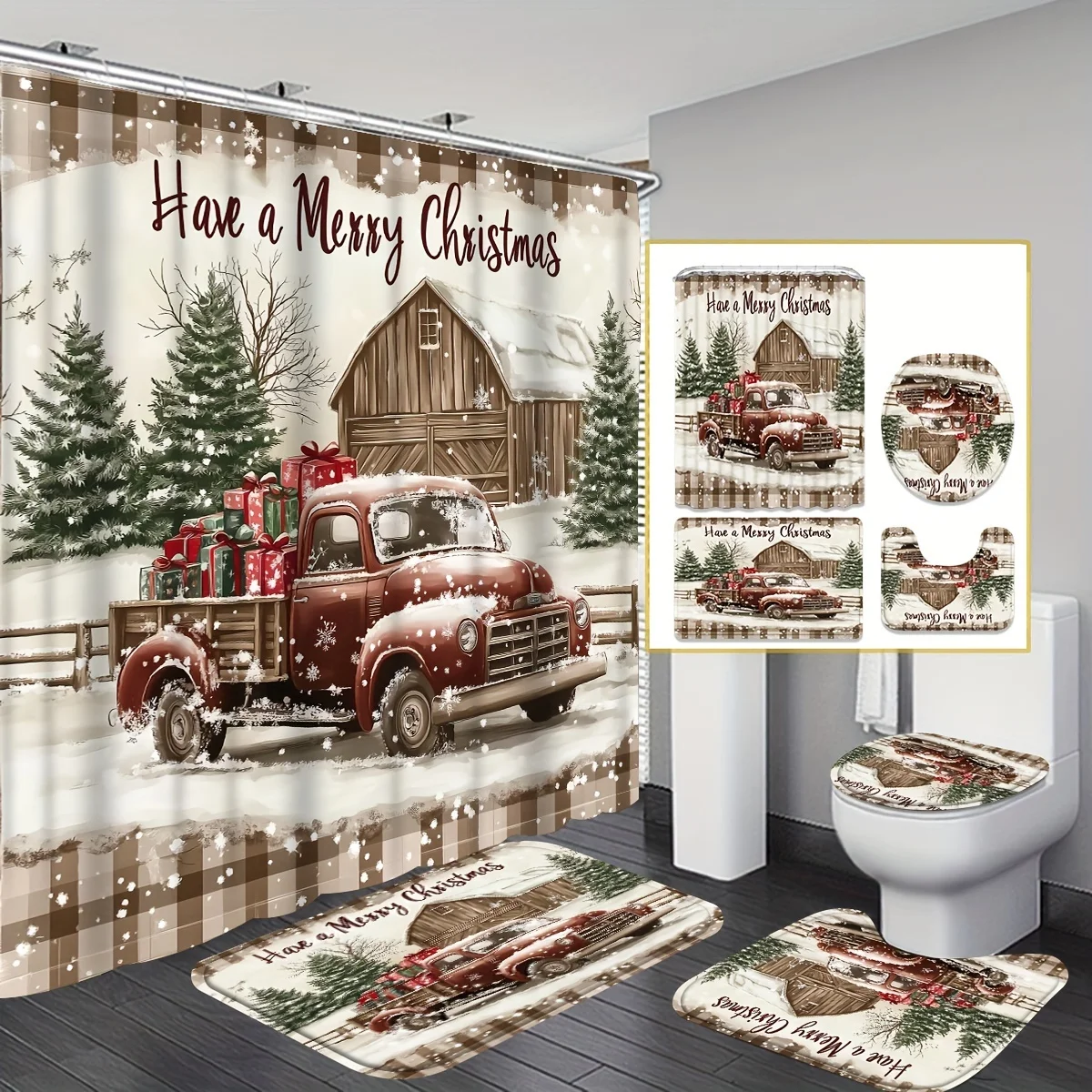 

Рождественский винтажный комплект для ванной грузовика из 4 предметов — коричневая клетчатая занавеска в виде снежинки, нескользящий коврик, U-подушка и чехол на сиденье, всесезонный праздничный декор