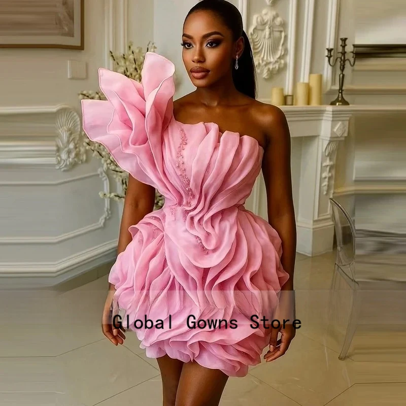 Asymmetric Ruffle Mini Cocktail Dress One Shoulder Chiffon Bead Prom Party Dress Puffy Tiered Floral Short Prom Gown Customized